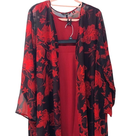 Iman: 3-Piece Red-Black Floral Pant Set, Size 2X (Duster, Tank & Pull-On Pants) - Picture 10 of 14